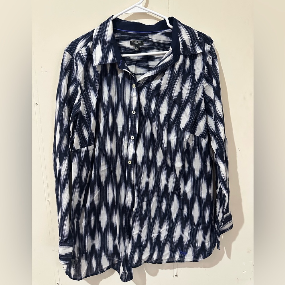 Talbots 1X Blue Multicolor Button Down Roll Tab Sleeve Blouse Office Wear